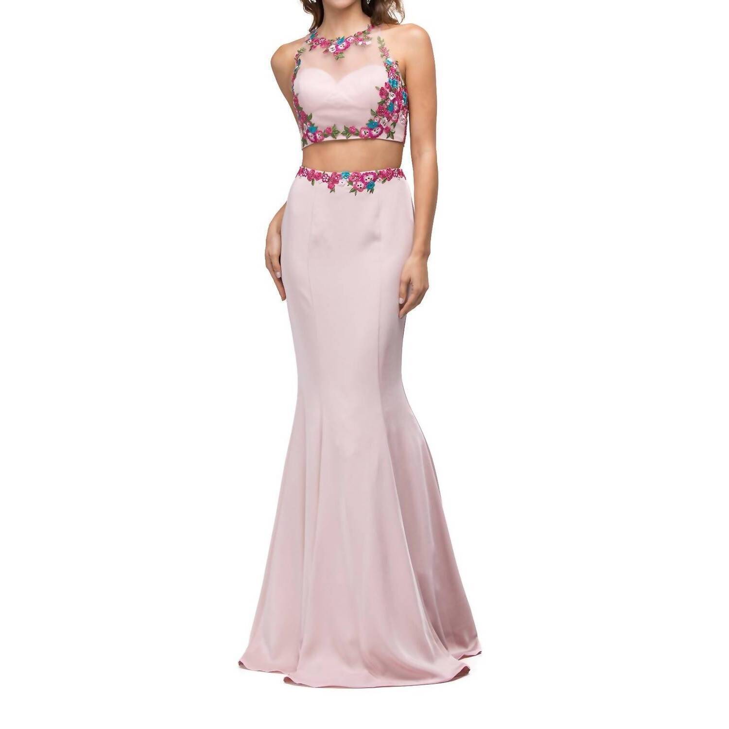 New Dancing Queen Two-Piece Satin Gown With Floral Embroidered Crop Top In Blush